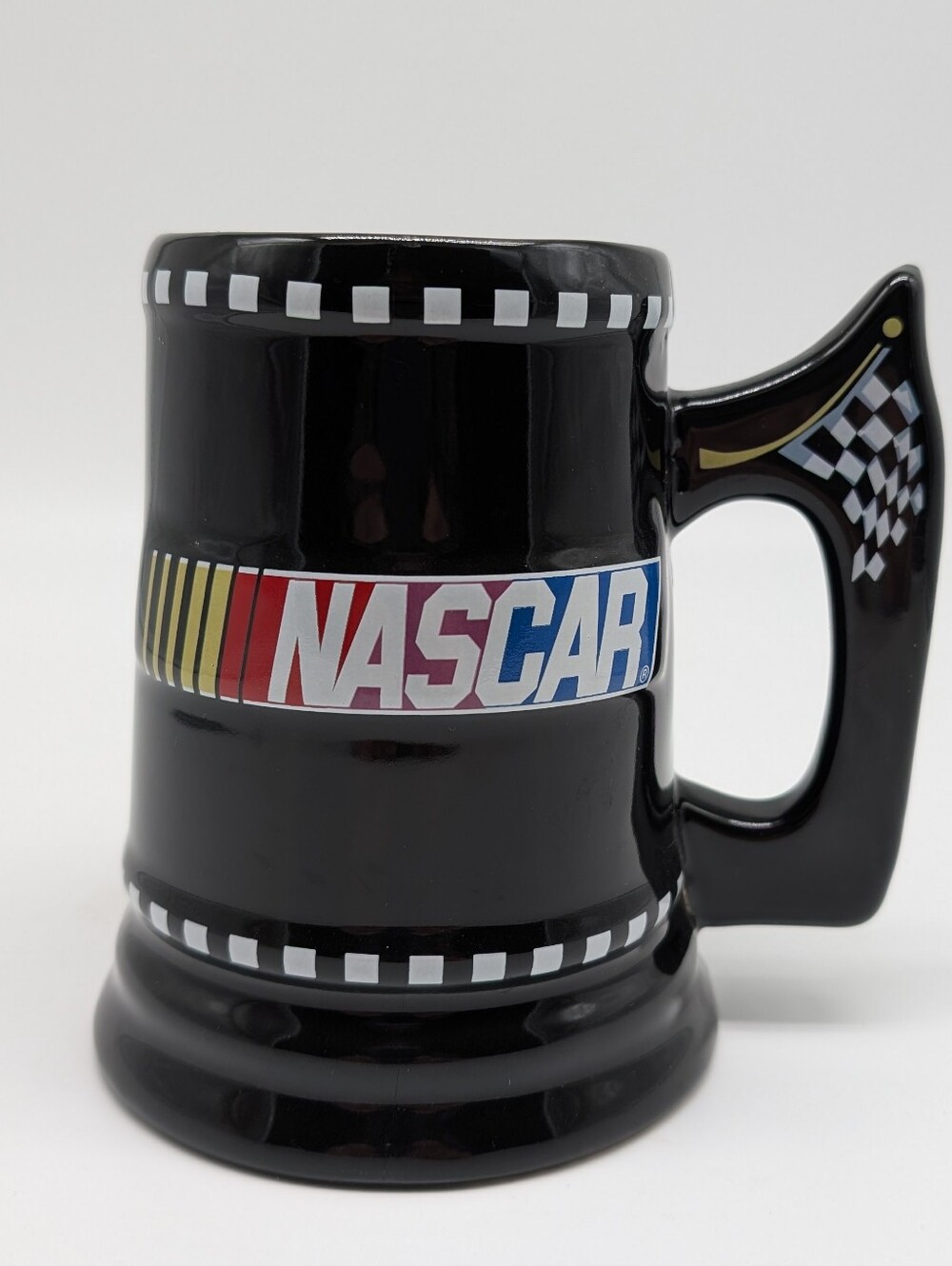 Nascar Black Ceramic Mug with Multicolor Logo and Checkered Handle 20 Ounce